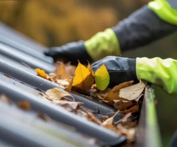 Technician clearing leaves from residential gutter using safety gear